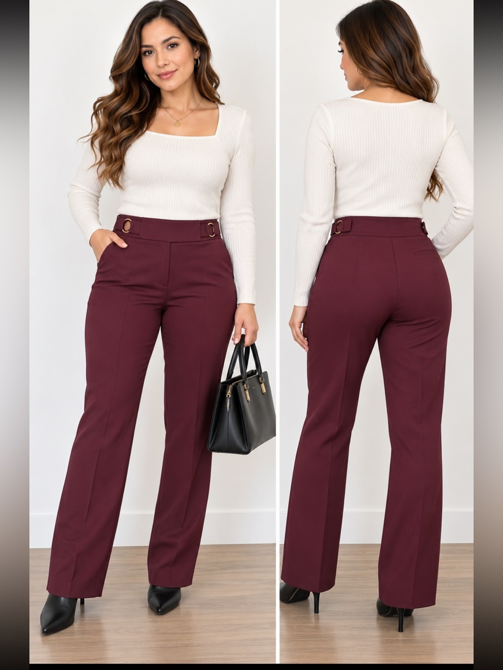Rafaella Wide-Leg Buckle Waist Pants in Maroon